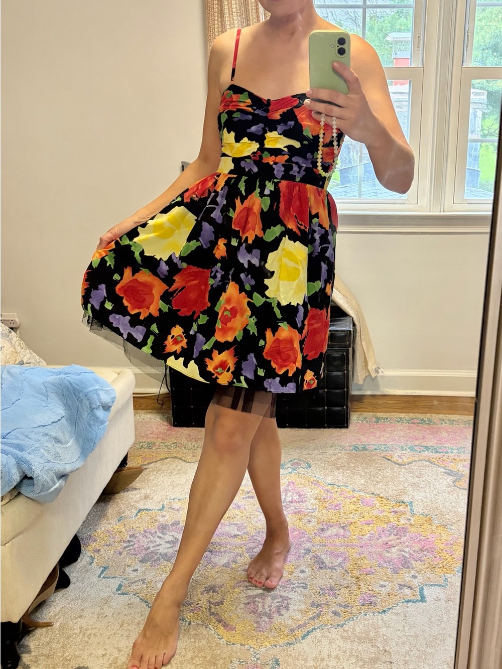 Anthropologie Black Floral Sundress with Red, Yellow & Purple Blooms